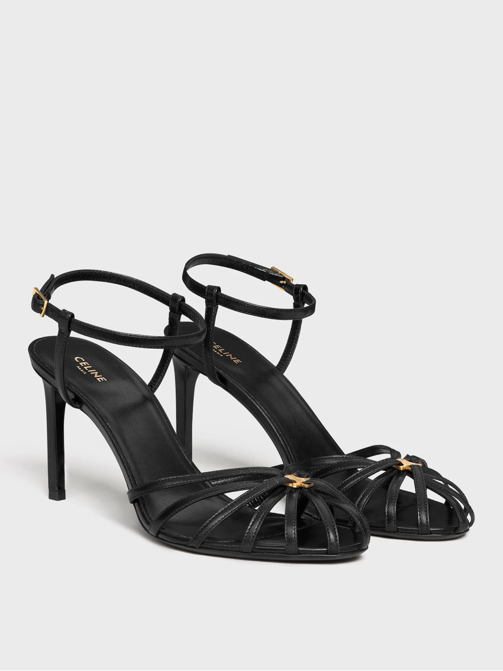 Celine Black Leather Strappy Ankle-Heel Sandals with Gold Accent
